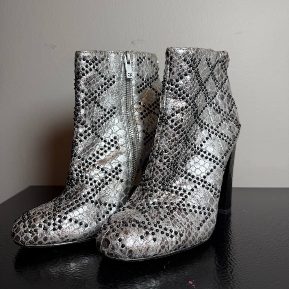 Calvin Klein Metallic Silver Snake-Print Studded Ankle Boots